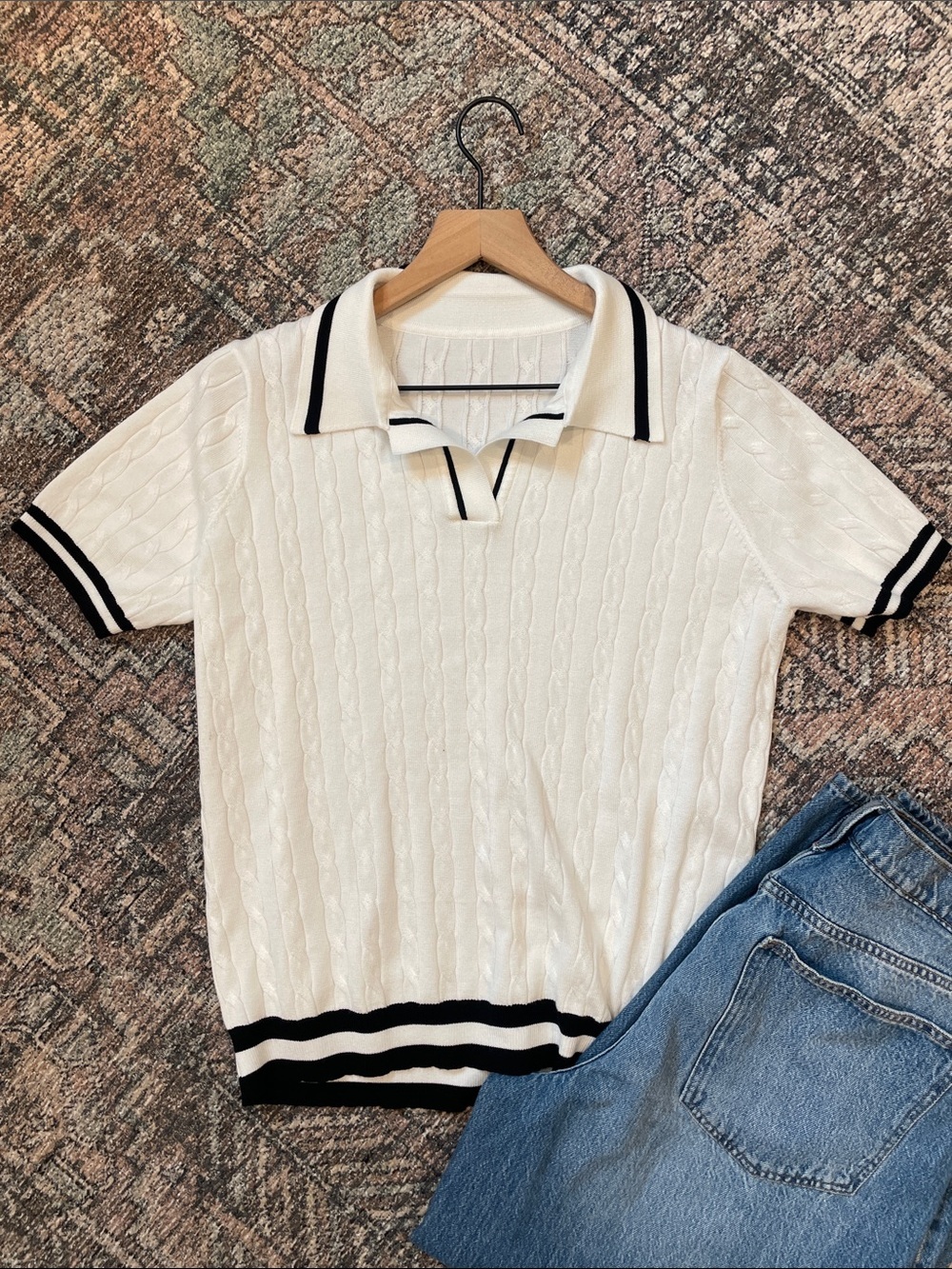 Micoson White Cable Knit Sweater Polo Size Medium Preppy Short Sleeve Top